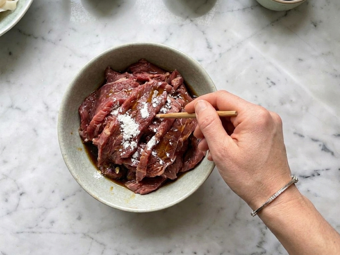 Thinly sliced flank steak in a bowl with soy sauce, cornstarch, and oil, ready to be mixed for stir fry