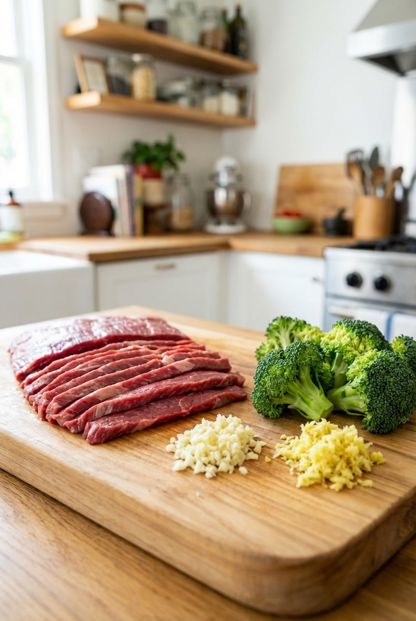 Thinly sliced flank steak on a cutting board next to minced garlic, grated ginger, and broccoli florets