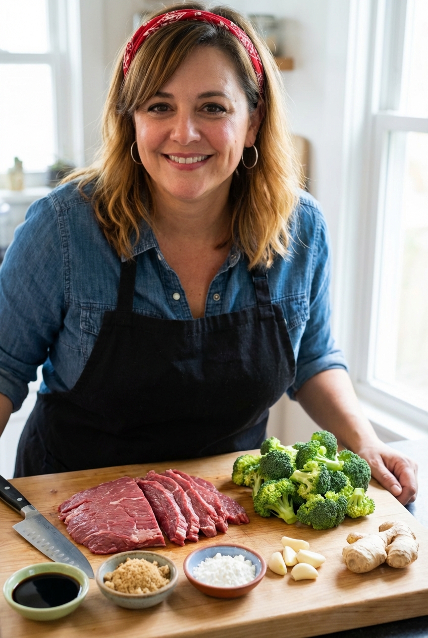 Thinly sliced flank steak on a cutting board next to broccoli florets, garlic, ginger, and small bowls of sauce ingredients