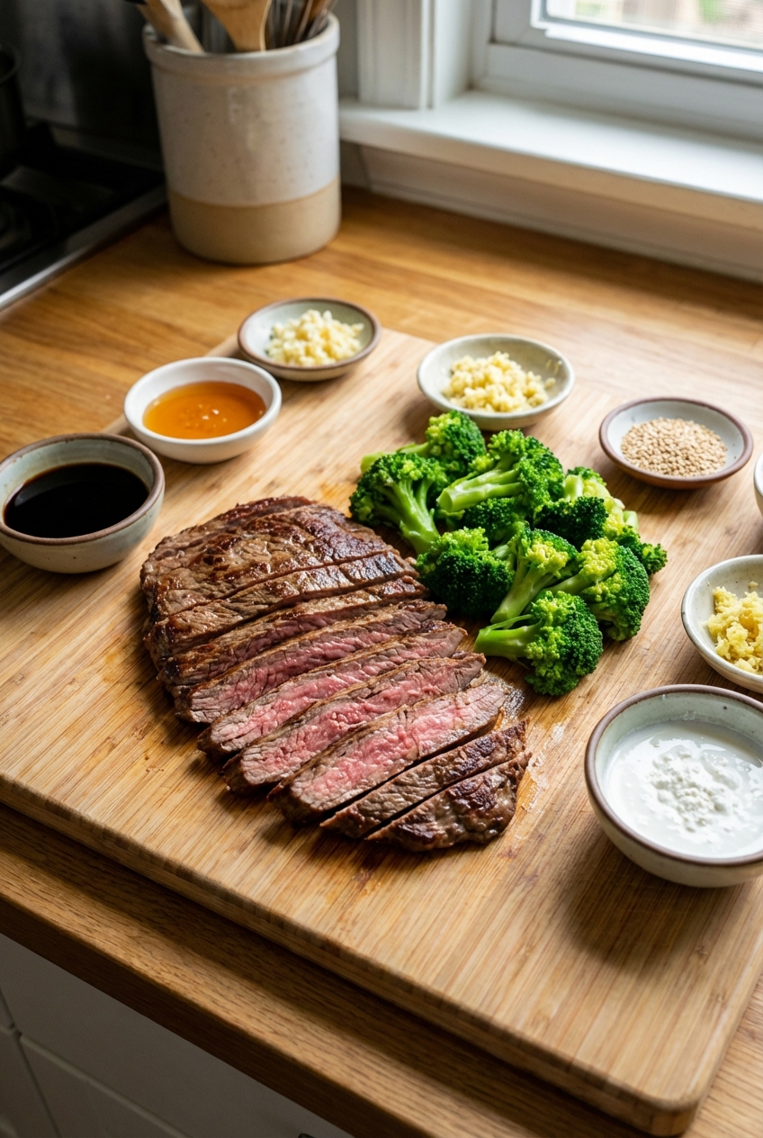 Thinly sliced flank steak on a cutting board with broccoli florets and small bowls of sauce ingredients nearby