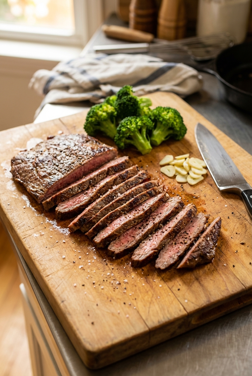 Thinly sliced flank steak on a cutting board with broccoli florets and sliced garlic nearby