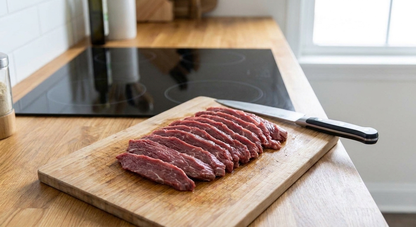 Thinly sliced flank steak on a cutting board with visible grain direction, a chef knife nearby on a home kitchen counter