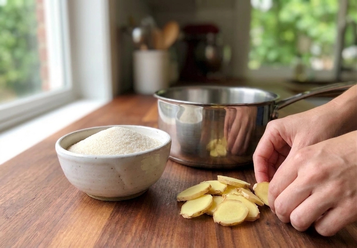 Thinly sliced fresh ginger, a bowl of granulated sugar, and a medium saucepan arranged on a clean kitchen counter, ready for cooking