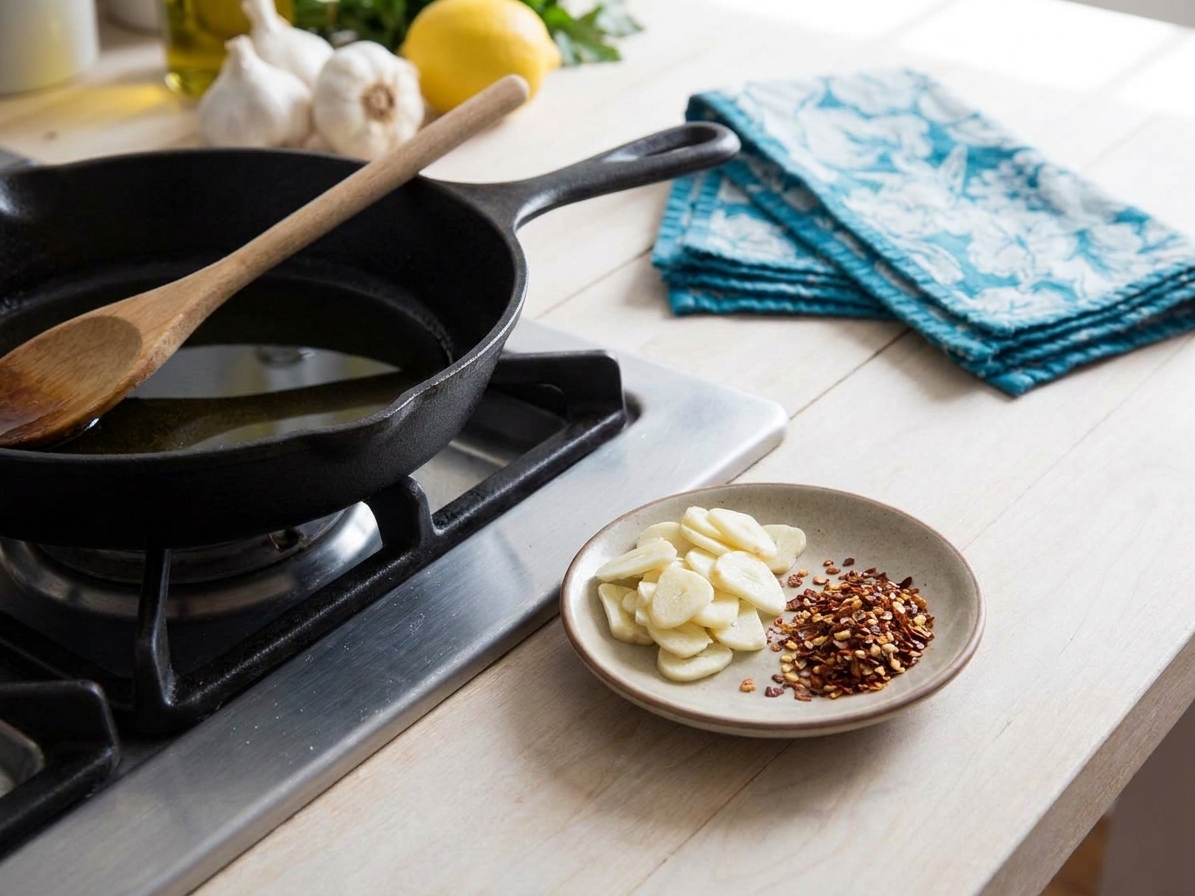 Thinly sliced garlic and red pepper flakes ready beside a skillet with olive oil on a home stovetop