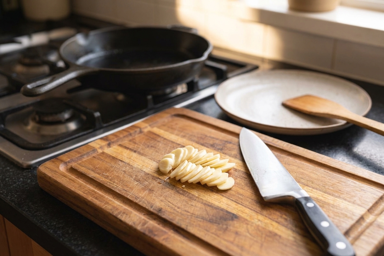 Thinly sliced garlic cloves fanned out on a wooden cutting board with a chef’s knife beside them on a kitchen counter