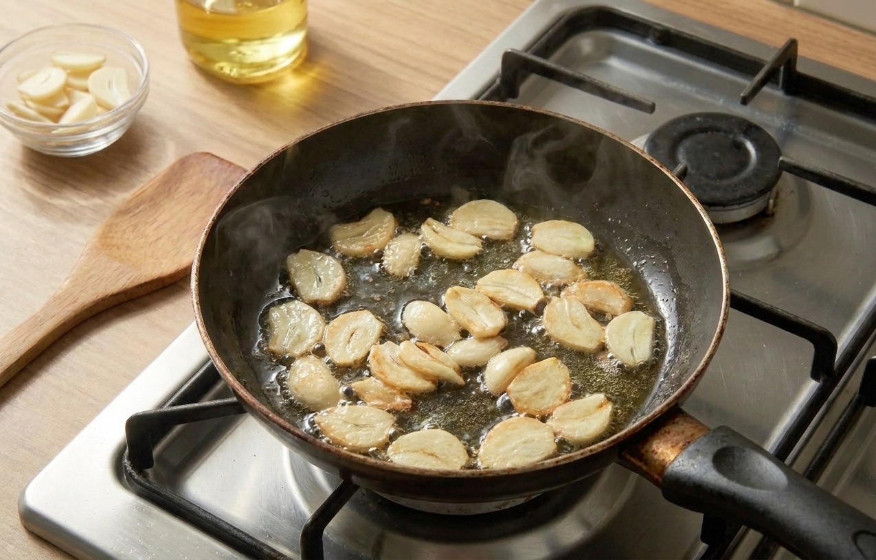 Thinly sliced garlic gently frying in oil in a small skillet on the stove until pale golden