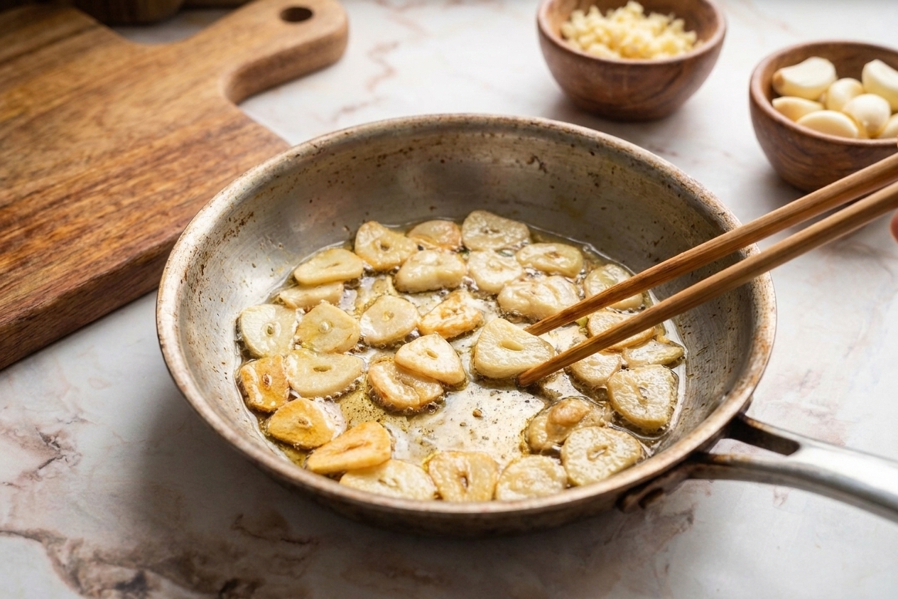 Thinly sliced garlic gently frying in oil in a small skillet until light golden