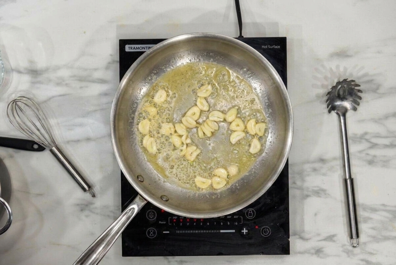 Thinly sliced garlic gently sizzling in melted butter in a stainless steel skillet on a home stove
