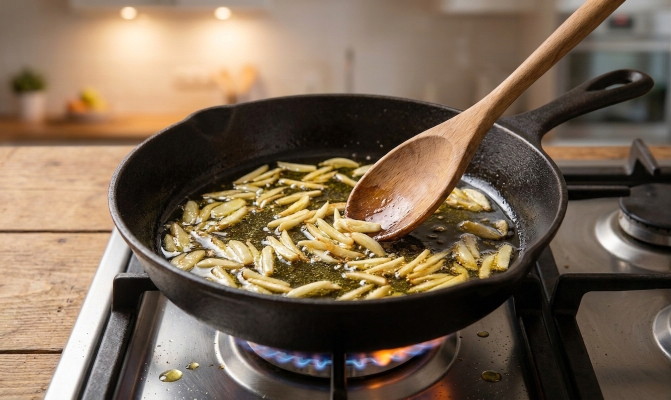 Thinly sliced garlic gently sizzling in olive oil in a skillet on a stovetop