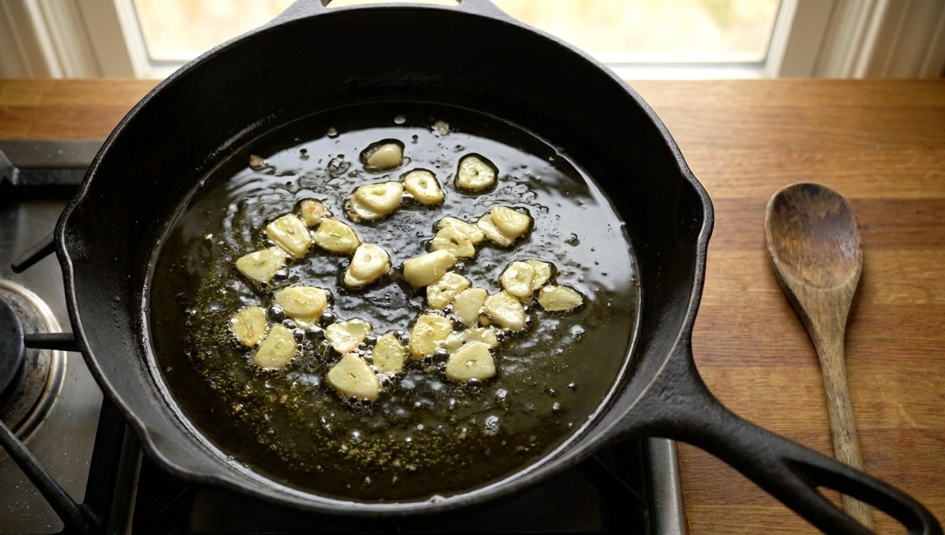 Thinly sliced garlic gently sizzling in olive oil in a wide skillet on a stovetop, with a wooden spoon nearby