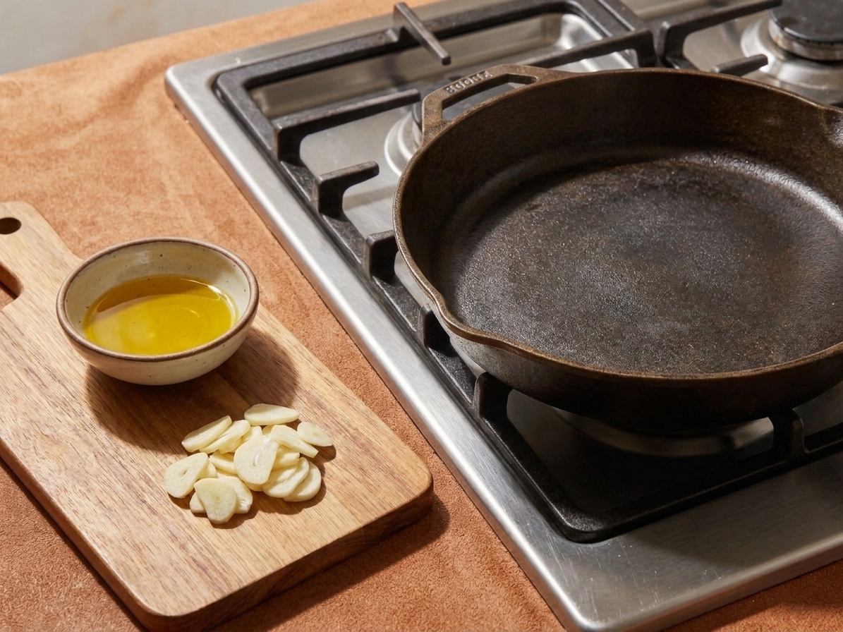 Thinly sliced garlic next to a small bowl of olive oil on a cutting board beside a large skillet on a home kitchen stove
