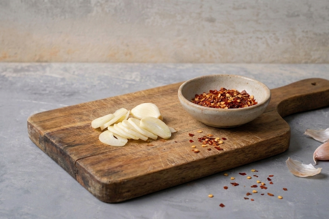 Thinly sliced garlic on a cutting board beside a small bowl of red pepper flakes on a kitchen counter