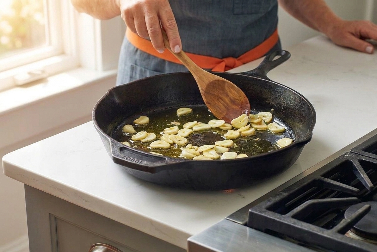 Thinly sliced garlic sautéing in olive oil in a skillet, just starting to turn pale golden