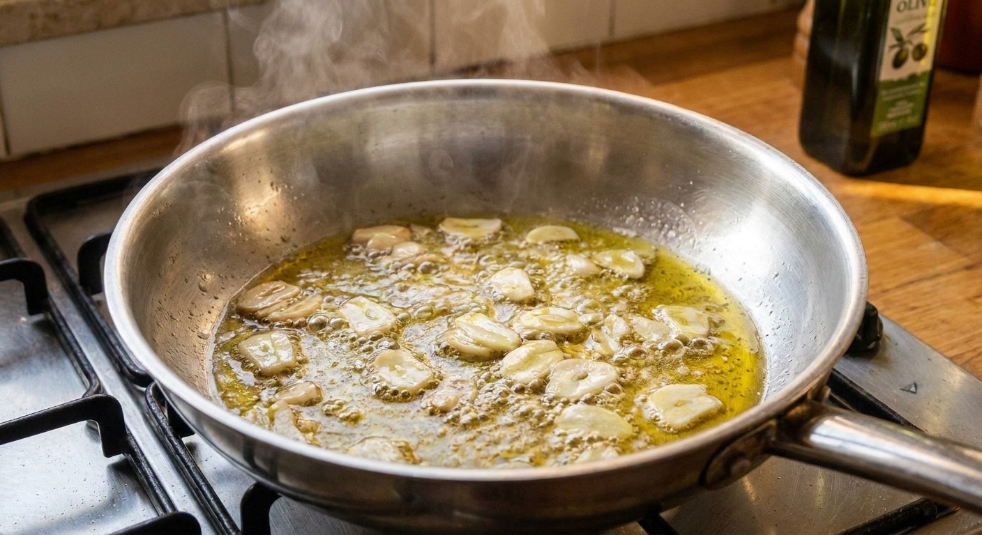 Thinly sliced garlic sizzling in melted butter and olive oil in a stainless steel skillet on a stove