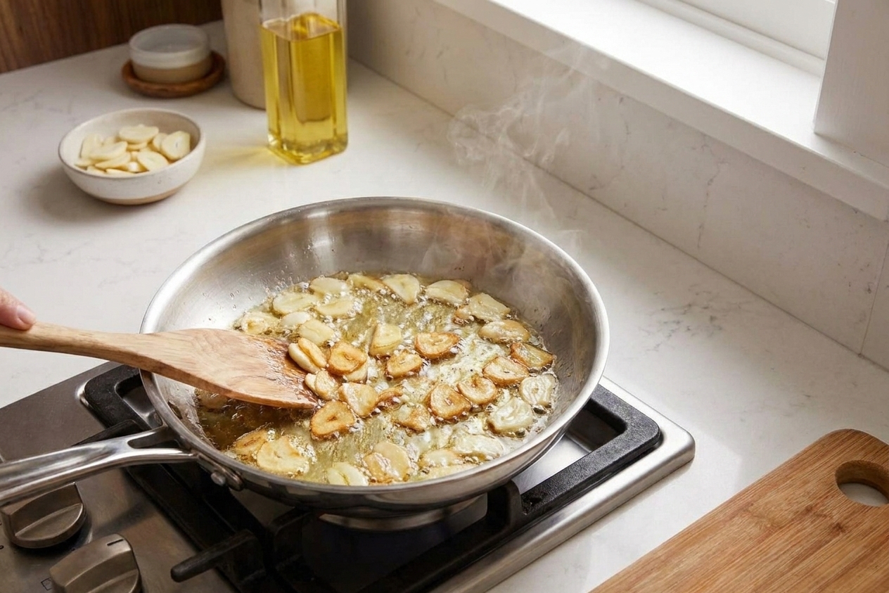 Thinly sliced garlic turning golden in a small skillet with oil on a stovetop