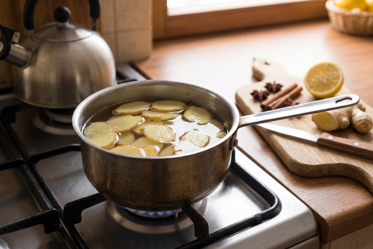 Thinly sliced ginger in a small saucepan with water, ready to simmer on a stovetop