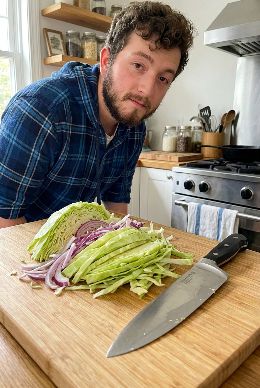 Thinly sliced green cabbage and onion on a cutting board next to a chef's knife in a home kitchen