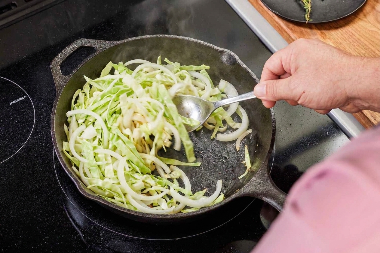 Thinly sliced green cabbage and onions being tossed together in a large skillet with a wooden spoon