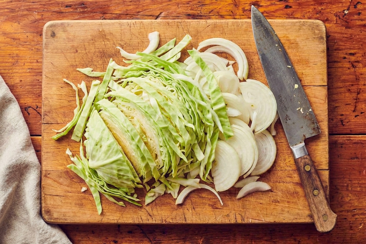 Thinly sliced green cabbage and sliced onion piled on a wooden cutting board beside a chef's knife