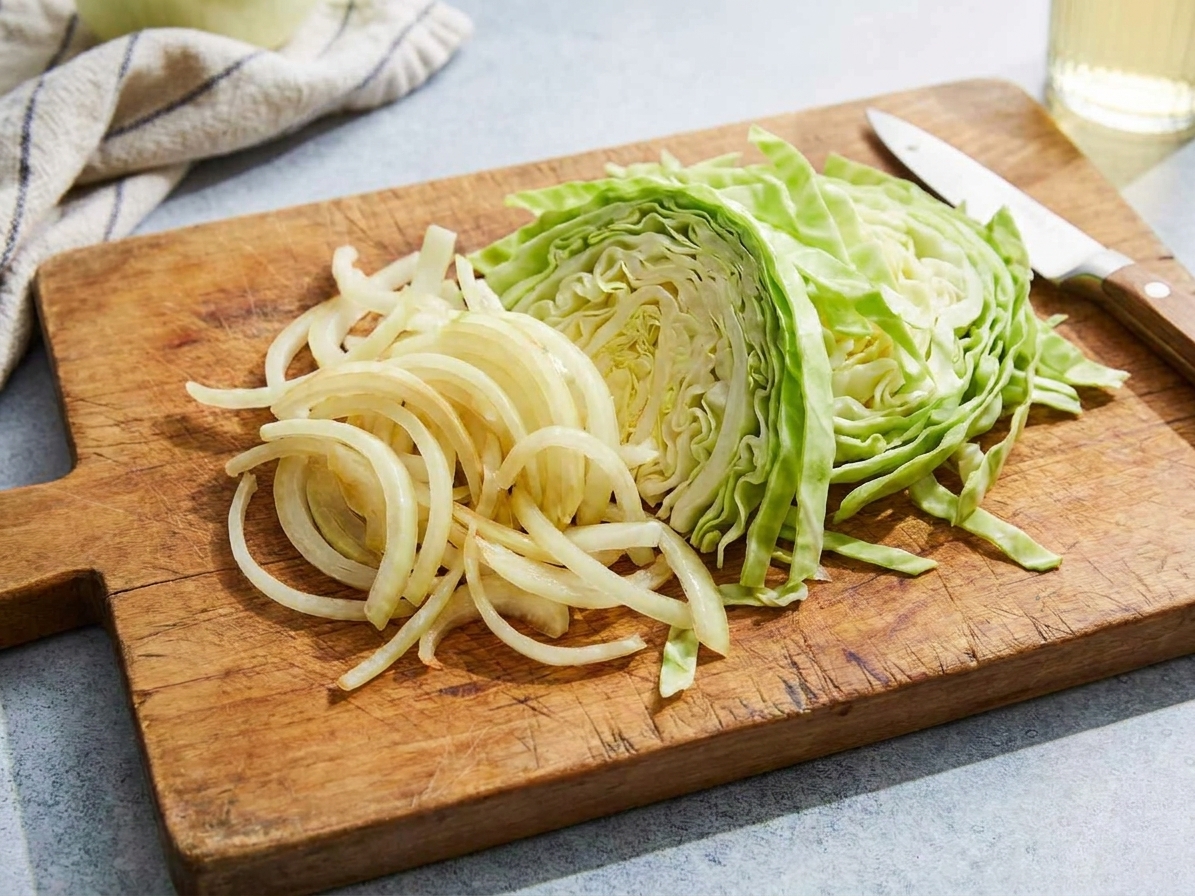 Thinly sliced green cabbage and yellow onion piled on a wooden cutting board on a home kitchen counter