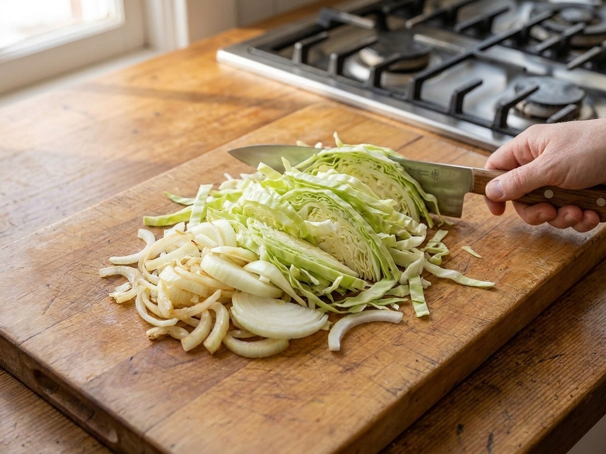 Thinly sliced green cabbage and yellow onion piled on a wooden cutting board beside a chef’s knife on a bright kitchen counter