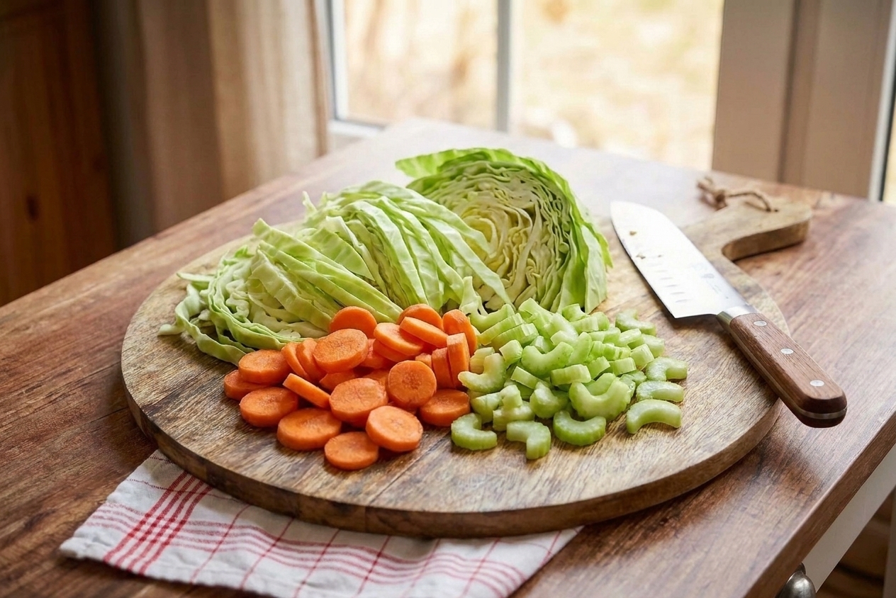 Thinly sliced green cabbage piled next to sliced carrots and celery on a wooden cutting board with a chef’s knife, warm kitchen counter lighting