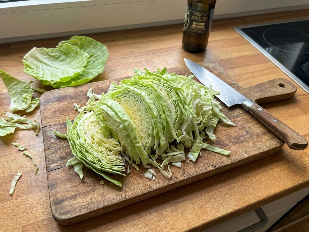 Thinly sliced green cabbage piled on a wooden cutting board with a chef’s knife and scattered cabbage leaves on a kitchen counter