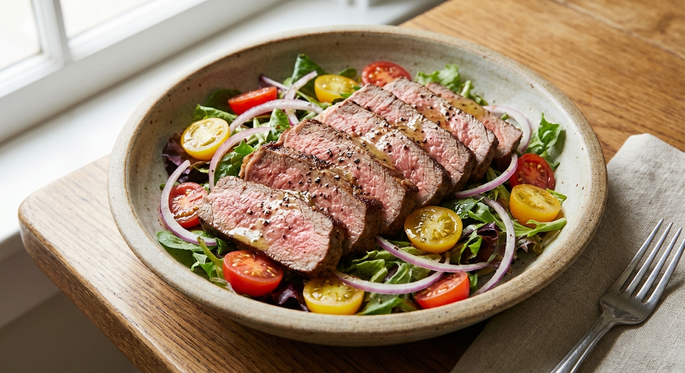 Thinly sliced leftover sirloin steak fanned over a salad with cherry tomatoes and onions in a shallow bowl