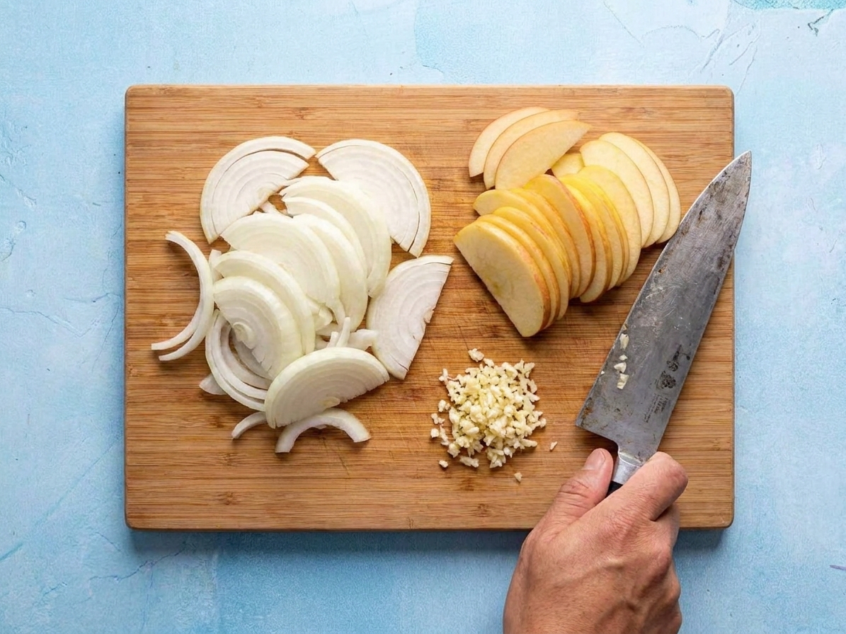 Thinly sliced onion and apple with minced garlic prepped and ready to cook beside a chef’s knife