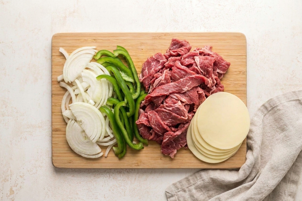 Thinly sliced onion and green bell pepper on a cutting board beside a pile of raw shaved steak and a stack of provolone slices