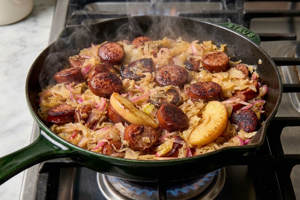 Thinly sliced onions and apple slices sautéing in a skillet with browned kielbasa, steam rising under warm kitchen lighting
