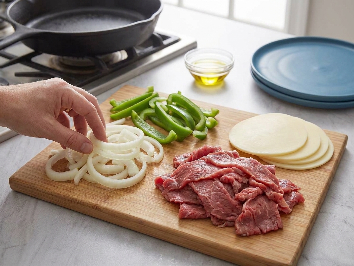 Thinly sliced onions and green bell peppers on a cutting board beside shaved steak and slices of provolone, ready to cook in a home kitchen