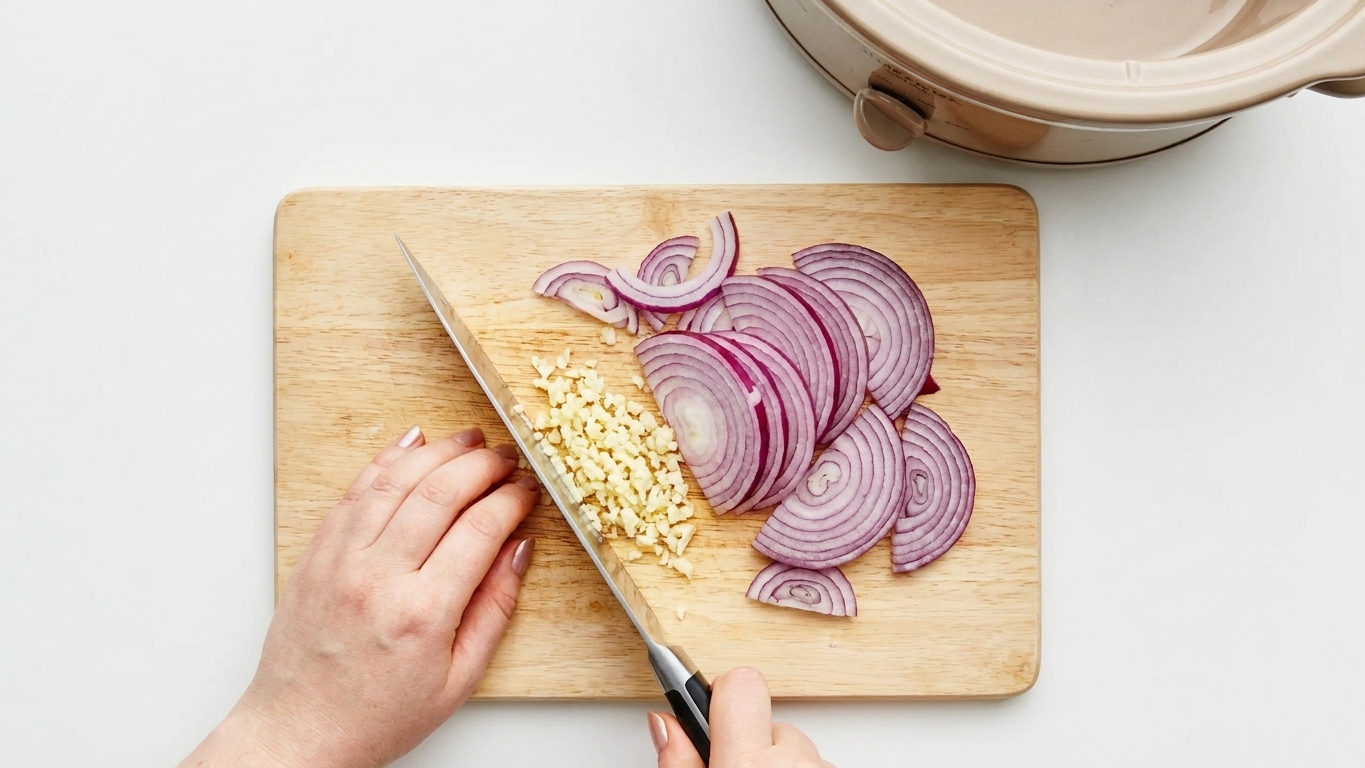 Thinly sliced onions and minced garlic on a cutting board with a chef's knife, ready for the slow cooker
