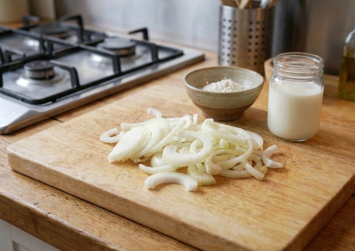 Thinly sliced onions beside a bowl of flour and a bowl of milk on a kitchen counter, ready for dredging and soaking