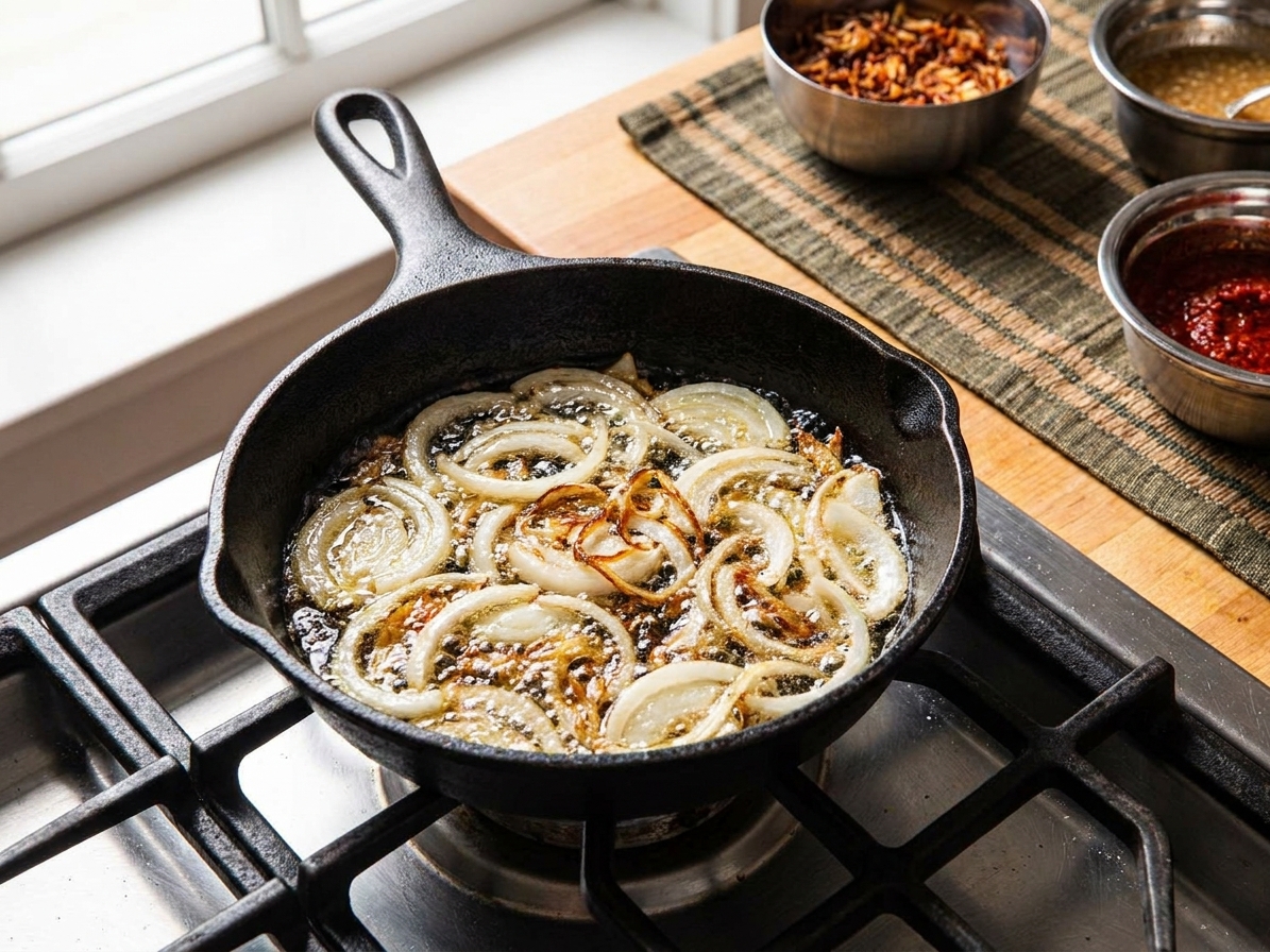 Thinly sliced onions bubbling in hot oil in a small deep skillet on the stove, beginning to turn golden