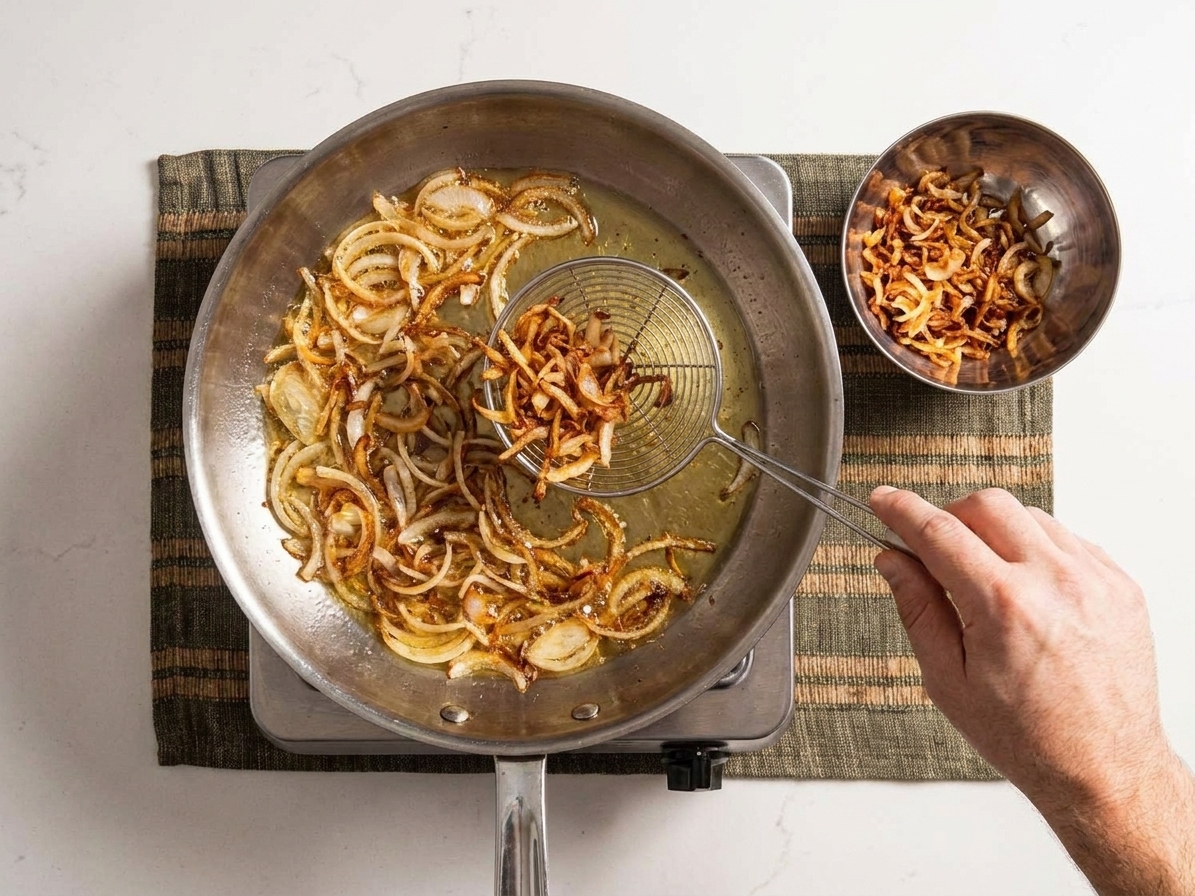 Thinly sliced onions frying in a shallow pan of oil on a stovetop, turning golden brown with a spider strainer nearby