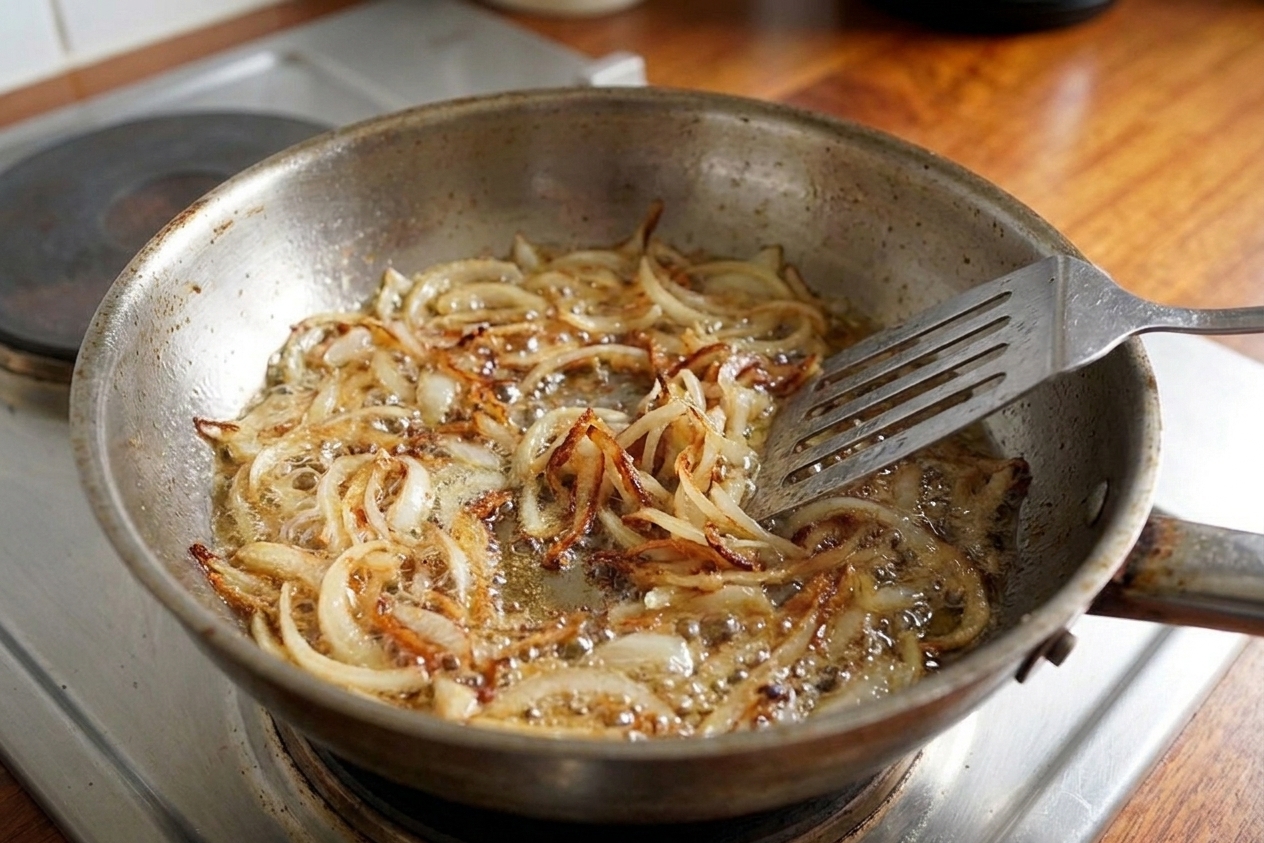 Thinly sliced onions frying to golden brown in a wide skillet with bubbling oil on a home stove