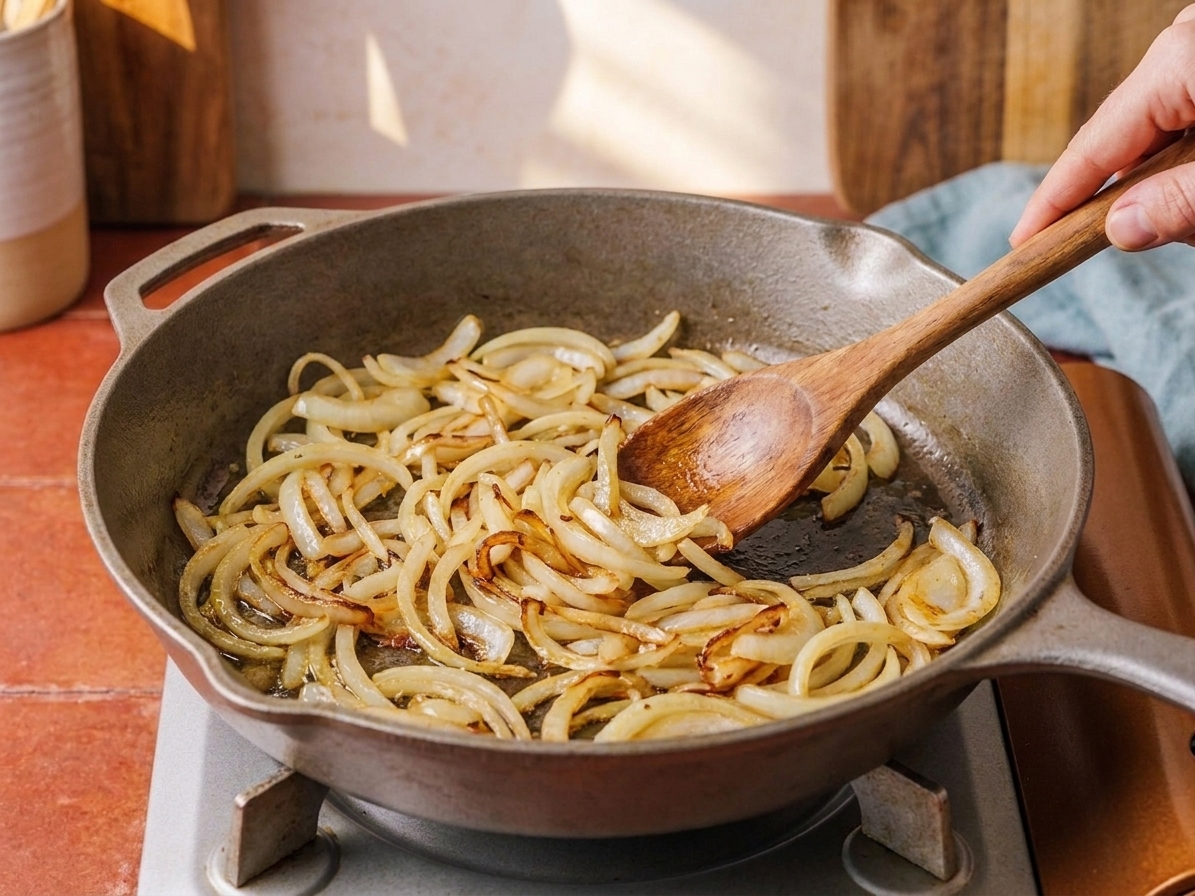 Thinly sliced onions sautéing in a large skillet on a stovetop, turning golden at the edges