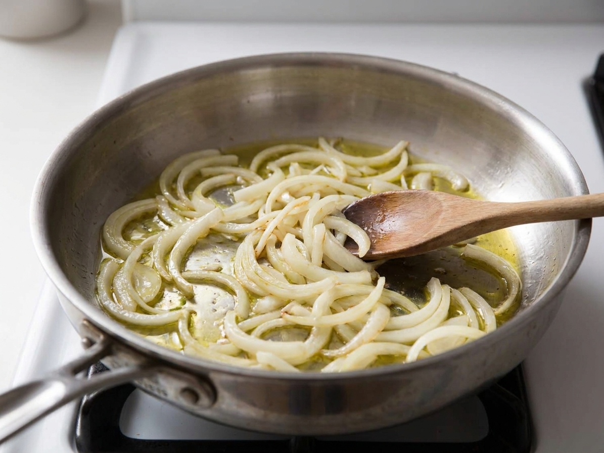 Thinly sliced onions sautéing in olive oil in a wide skillet until soft and lightly golden