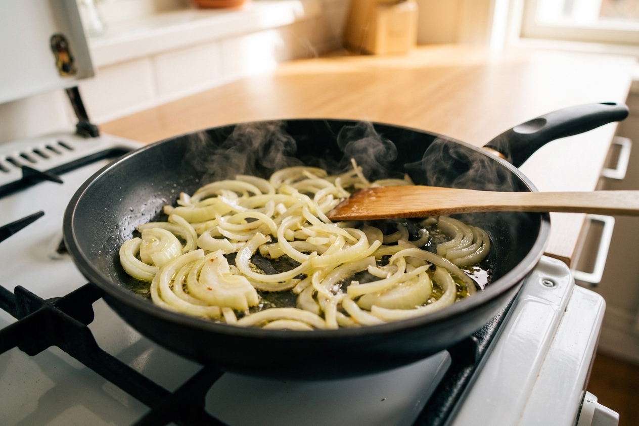 Thinly sliced onions sizzling in a wide skillet as they begin to soften and turn translucent on a home stove