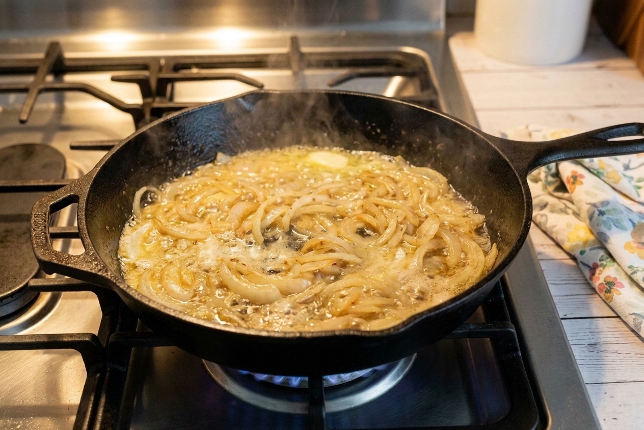 Thinly sliced onions sizzling in melted butter in a large skillet on a stovetop