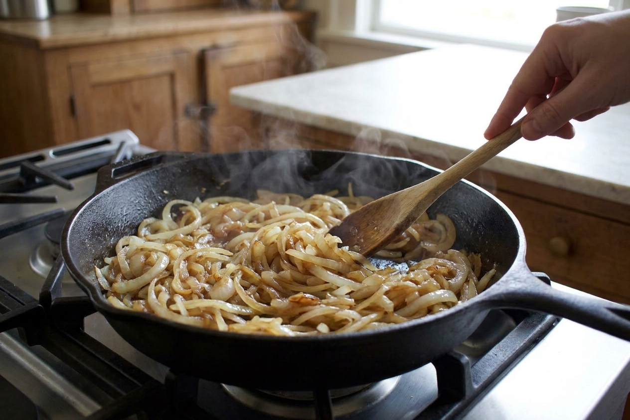 Thinly sliced onions slowly browning in a wide skillet, with a wooden spoon stirring as steam rises on a home stove