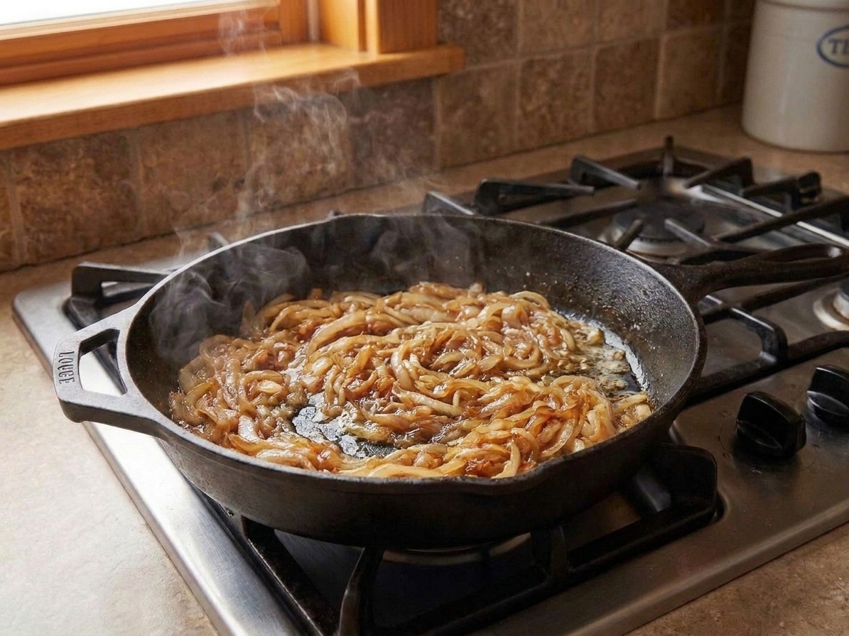 Thinly sliced onions slowly cooking in a large skillet until soft and deeply golden, steam rising over a stovetop