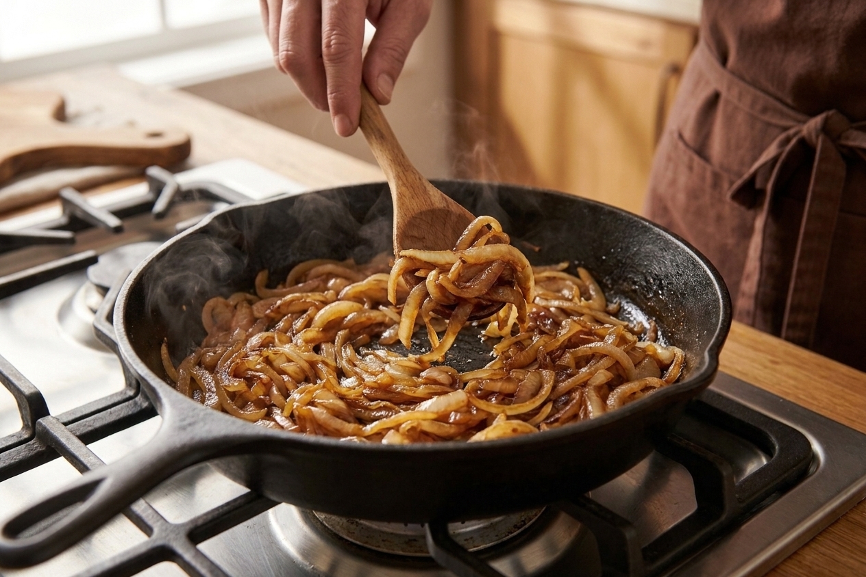 Thinly sliced onions turning deep golden brown in a skillet on a stovetop with a wooden spoon