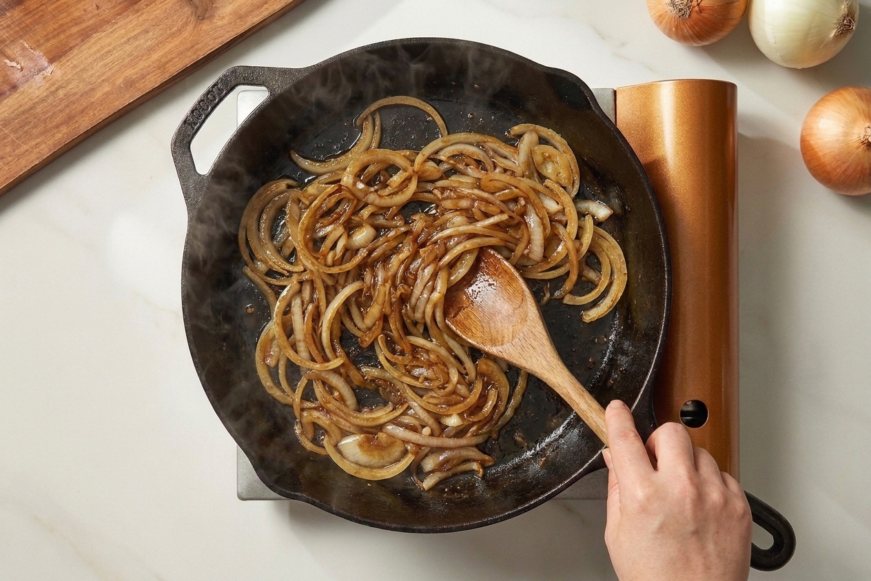 Thinly sliced onions turning deep golden in a cast iron skillet as they are stirred on a stovetop