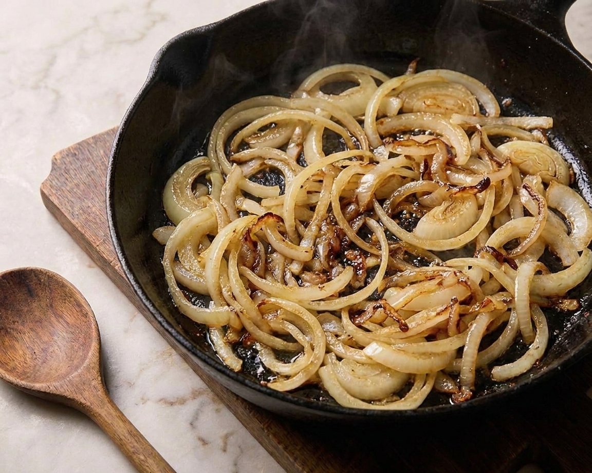 Thinly sliced onions turning golden as they sauté