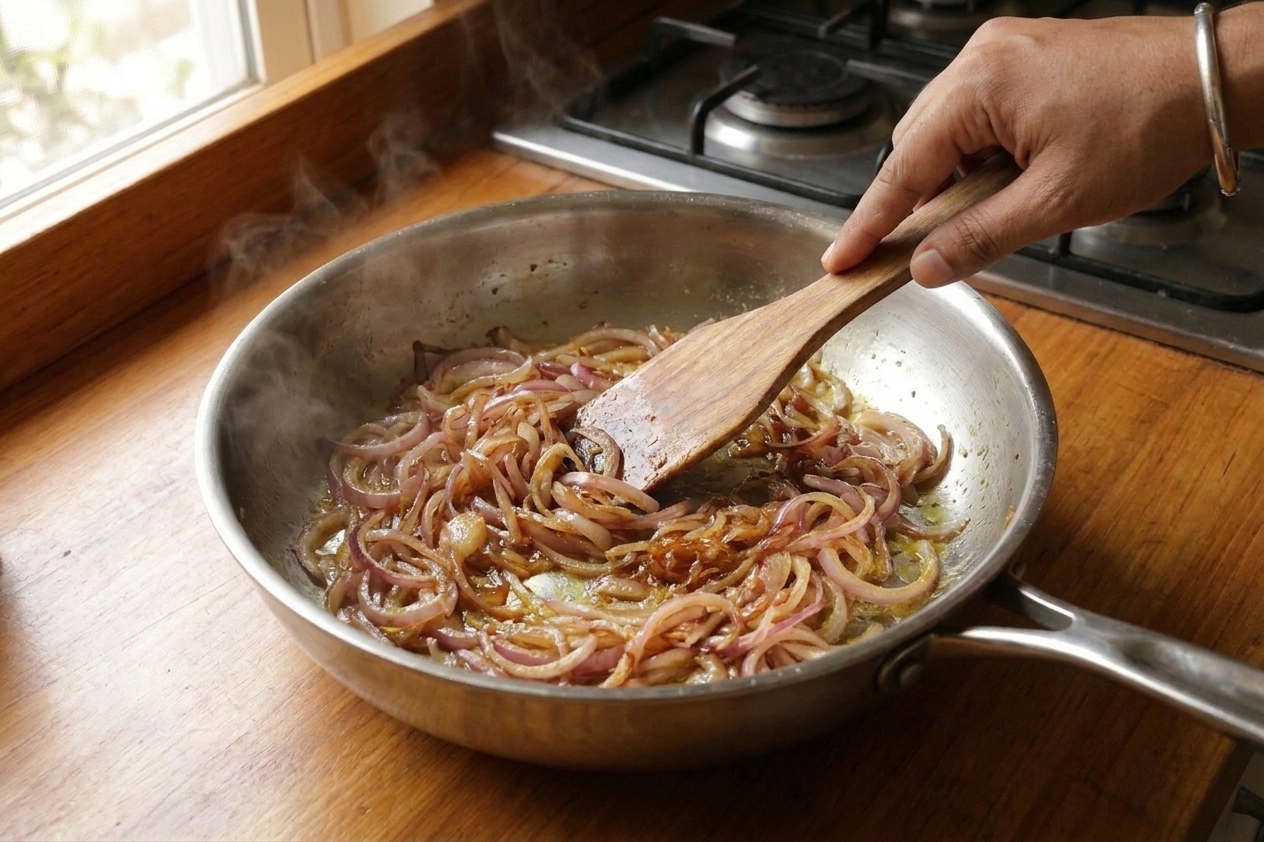 Thinly sliced onions turning golden brown in a skillet with ghee, shown mid-caramelization