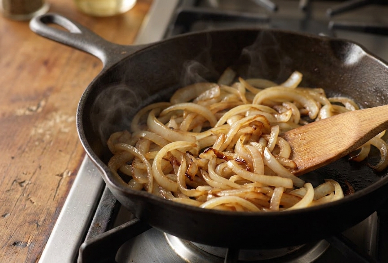 Thinly sliced onions turning soft and golden brown in a cast iron skillet on a stovetop