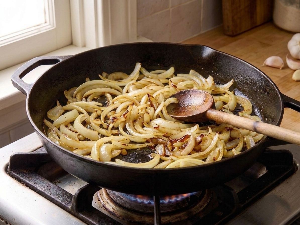 Thinly sliced onions turning translucent and lightly golden in a skillet