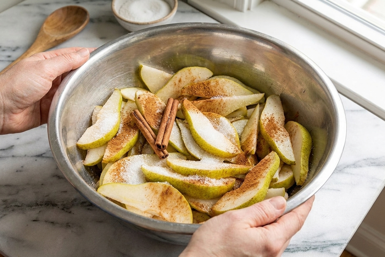 Thinly sliced pears in a stainless steel mixing bowl with sugar and cinnamon, ready to be tossed for tart filling